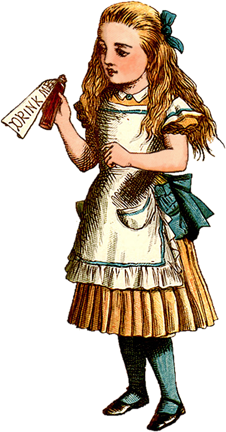 Alice, in a yellow dress and white apron, examining a little bottle whose paper label says DRINK ME. The Nursery Alice, hand-coloured by John Tenniel, 1890.