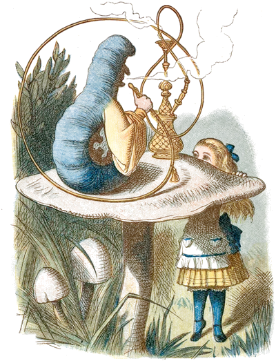 The Caterpillar, blue, on a mushroom, smoking a hookah, with Alice peeking over the edge. The Nursery Alice, hand-coloured by John Tenniel, 1890.