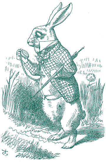 The White Rabbit in a checked jacket, hurrying and looking at his pocket watch. John Tenniel, 1865.